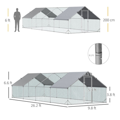 Large Chicken Coop Metal Chicken Run with Waterproof and Anti-UV Cover, Spire Shaped Walk in Fence Cage Hen House for Outdoor and Yard Farm Use, 1" Tube Diameter, 9.8 x 26.2 x 6.6