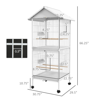 Wrought Metal Bird Cage Feeder with Rolling Stand Perches Food Containers Doors Wheels 67" H, White