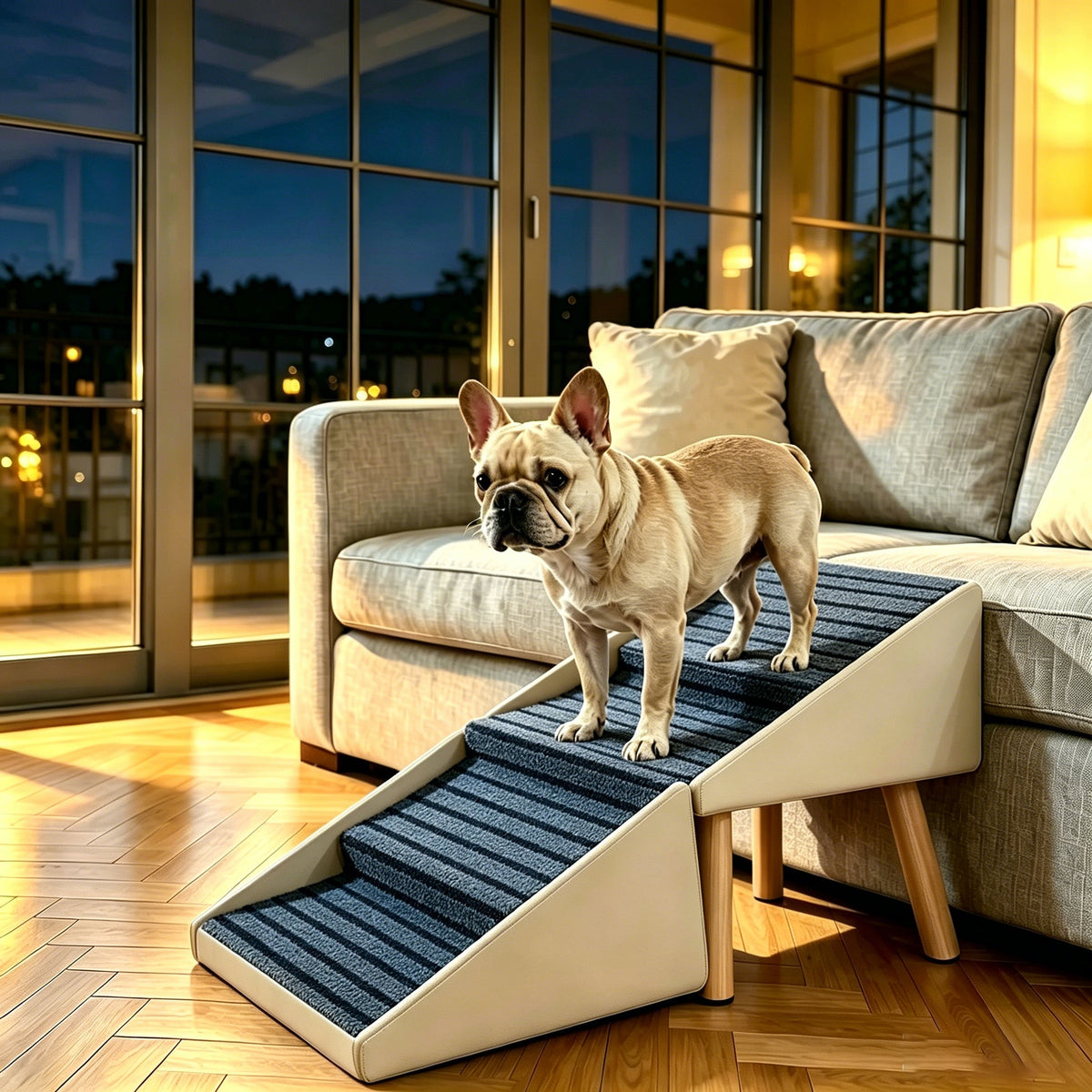 2-in-1 Dog Stairs for Bed and Couch 18.89" Foldable Dog Ramp for Couch 4 Pet Steps  & Ottoman for Small Dogs, Beige