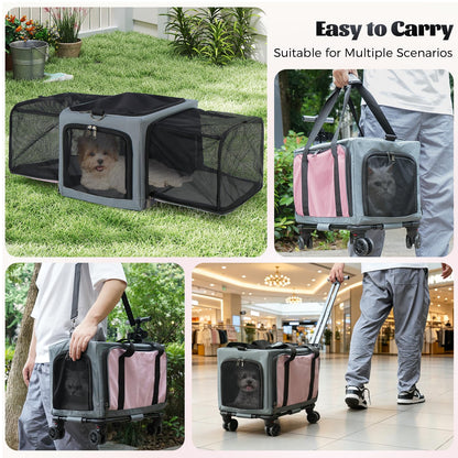 3-Sided Expandable Rolling Pet Carrier With Wheels, Small Cat Dog Travel Carrier, Foldable Portable Bag Grey  For Travel Camping Vet Outdoor Indoor Use