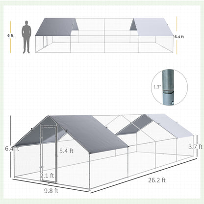 Large Chicken Coop Metal Chicken Run for Chickens with Waterproof and Anti-UV Cover, Spire Shaped Walk in Fence Cage Hen House for Outdoor and Yard Farm Use, 1.3" Dia, 9.8 x 26.2 x 6.4