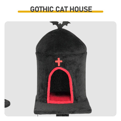 53in Gothic Cat Tree With Coffin Bed, Large Cat Tower With Spacious Cat Condo, Scratching Posts, Spider Hanging Toys, Scratching Board, Multi-Level Cat Activities Furniture For Large Cats, Red & Black