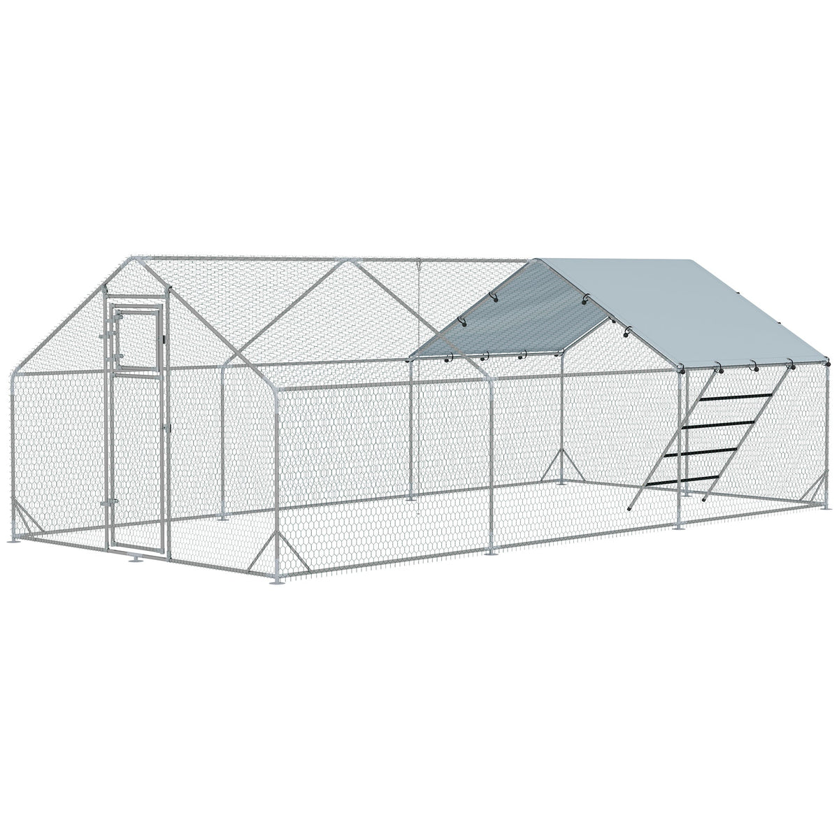 Metal Chicken Run w/ Waterproof & Anti-UV Cover, Feeding Door, Hanging Feeder, for 18-24 Chickens, 9.8 x 19.7 x 6.4