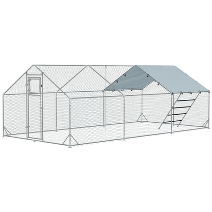 Metal Chicken Run w/ Waterproof & Anti-UV Cover, Feeding Door, Hanging Feeder, for 18-24 Chickens, 9.8 x 19.7 x 6.4