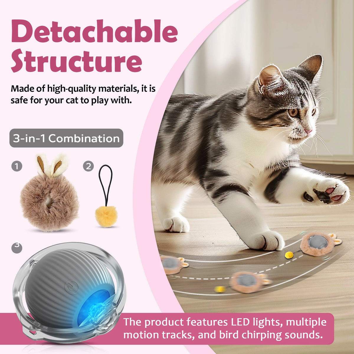 Interactive Toys Ball For Cats, Dog,Agile Moving Cat Ball ,Motion Activated Automatic Moving Ball With Lights,with Fluffy Tail And Bunny Ears For Indoor Pets