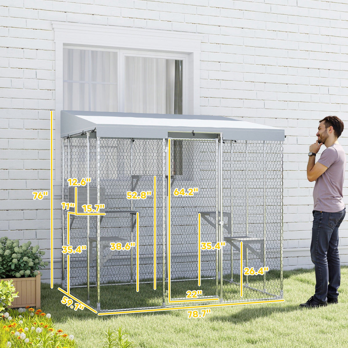 79" Galvanized Steel Large Catio with Waterproof Canopy, Sleeping Box, Jumping Platforms, for 1-3 Kittens, Silver