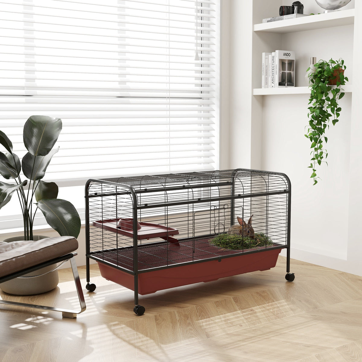 48" L Small Animal Cage, Pet Play House for Rabbit Hutch or Ferret with Feeder, Rolling Wheels, Platform, Ramp