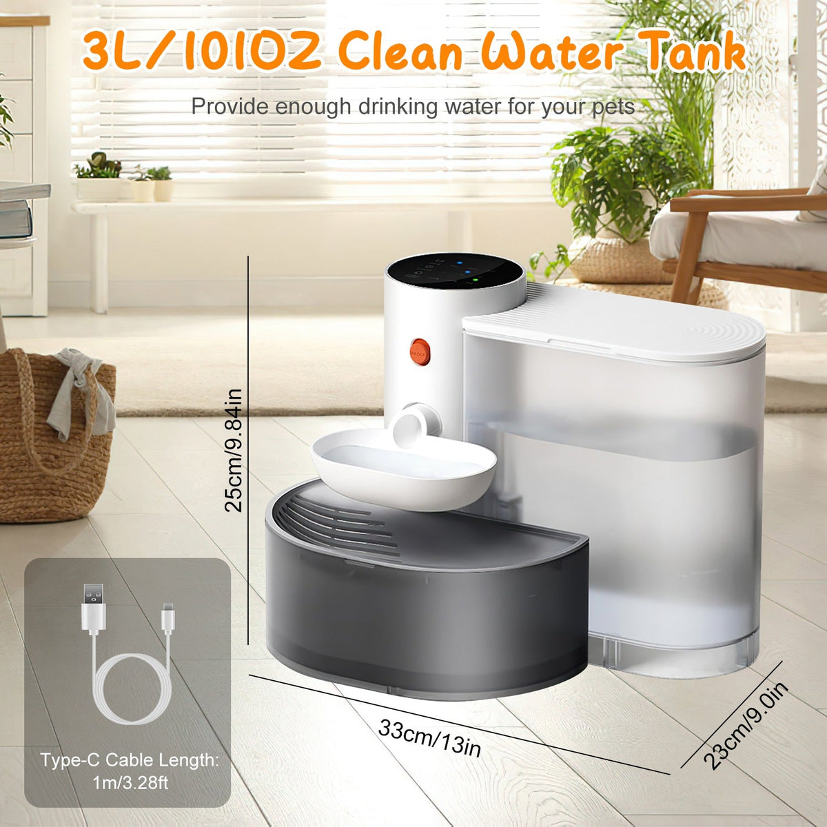1Pc Smart Pet Water Fountain Automatic Cat Water Dispenser 3L Cordless Rechargeable Dog Water Fountain Self-Refill With 3 Adjustable Volume 3 Time Intervals Touch Control