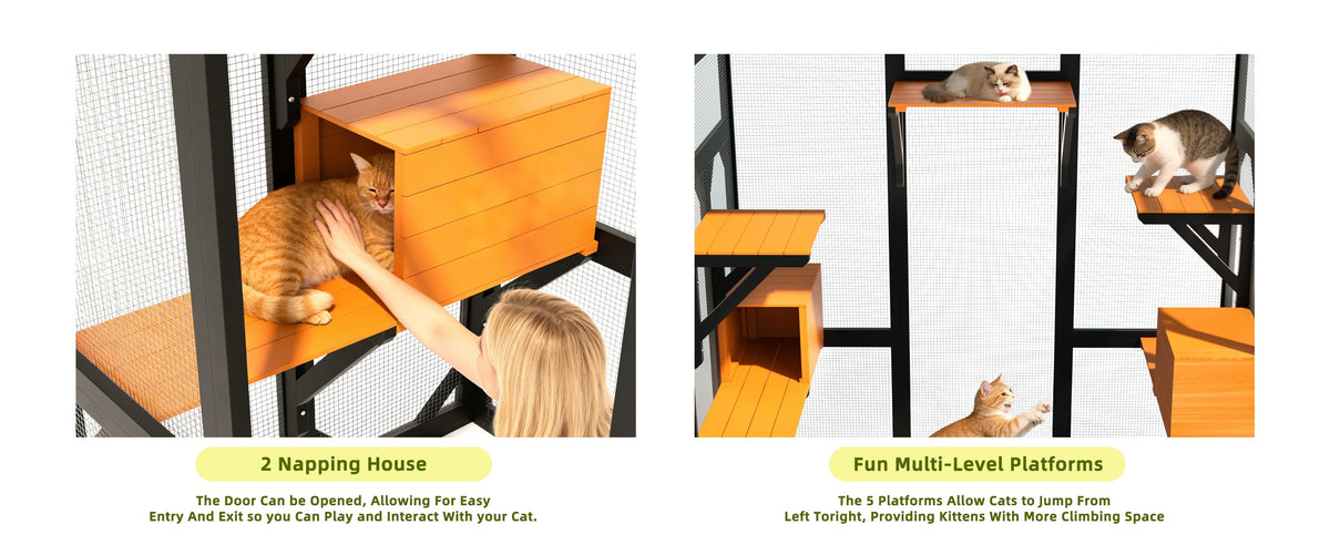 Large Outdoor Cat Enclosure Catio with 5 Platforms & 2 Napping Houses, Secure Metal Wire, Easy Assembly for Indoor & Outdoor Use
