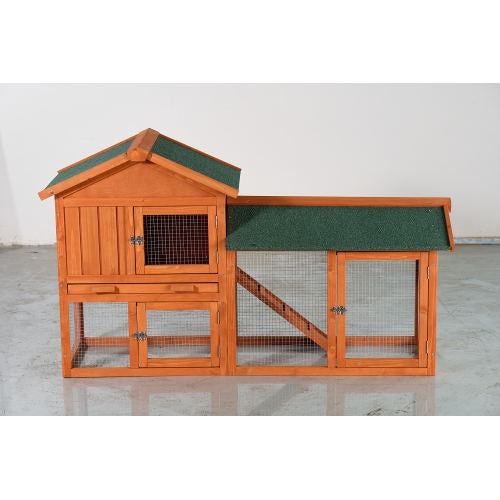 Large Wooden Rabbit Hutch, 2 Story Outdoor Bunny Cage With Waterproof Asphalt Roof, Pull-Out Tray  Ramp, Fir Wood Pet House For Rabbits, Chickens, Guinea Pigs Brown  Green