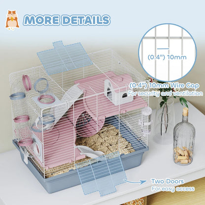 Cage, 3-Tier Small Animal Cage With Exercise Wheel, Food Bowl, Water Bottle, House, Tunnels, Ramps
