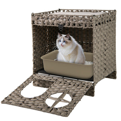 2-Tier Wicker Cat Condo With Litter Mat - Hidden Litter Box Enclosure, Detachable Washable Cushion, Gray Rattan