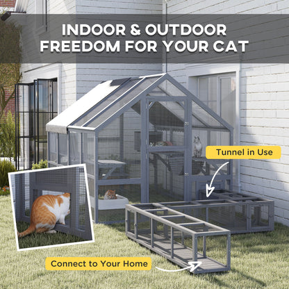 Wooden Catio Outdoor Cat Enclosure with Waterproof Cover, 2 Condos, 6 Platforms, Bridge, Doors, Gray