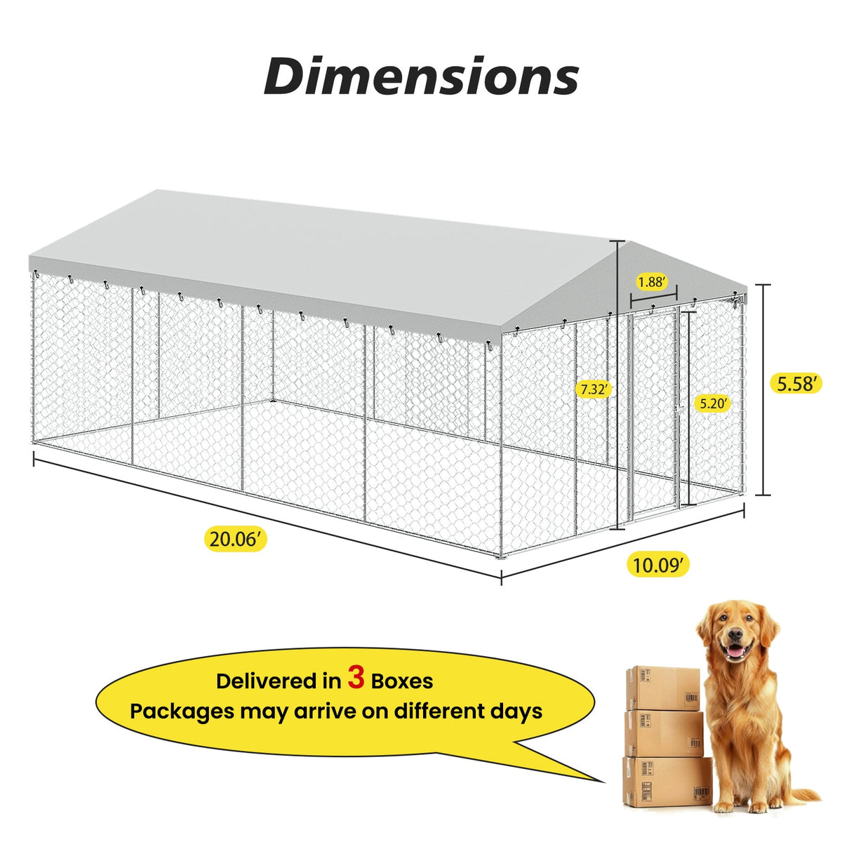 10x20 FT Large Outdoor Dog Kennel with Canopy, Heavy Duty Galvanized Steel Frame, Waterproof Cover, All-Weather Protection, Escape-Proof Lockable Pet Playpen for Large Dogs, Multiple Animals.