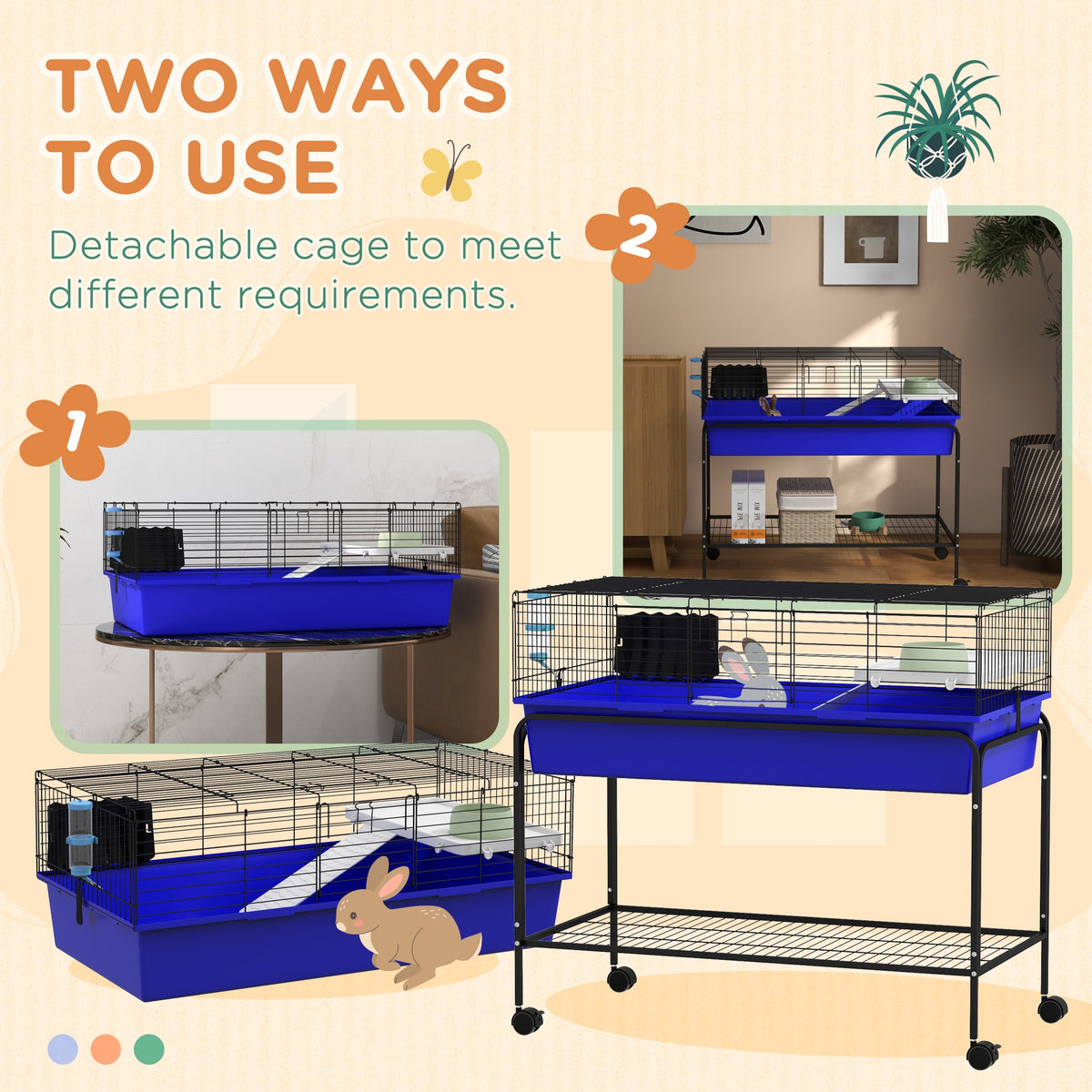 Two-Story Small Animal Cage Removable from Stand, Pet Habitat with Shelf & Wheels, 39" x 20.5" x 36.5", Blue