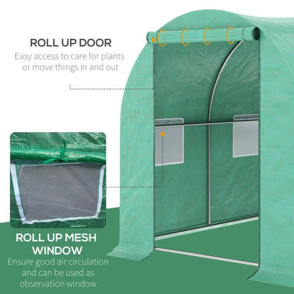 Outsunny 15x 7x 6.5 Walk-in Tunnel Hoop Greenhouse, Green House With Polyethylene PE Cover, Steel Frame, Roll-Up Zipper Door & Windows For Flowers, Vegetables, Tropical Plants, Green