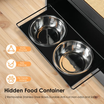 Feeding Station With 1 Storage Cabinets, Pet Feeding Station With 2 Elevated Dog Bowls, Side Hooks, Anti-tip Kit, Hidden Pet Feeder Station For Feeding  Watering, Black
