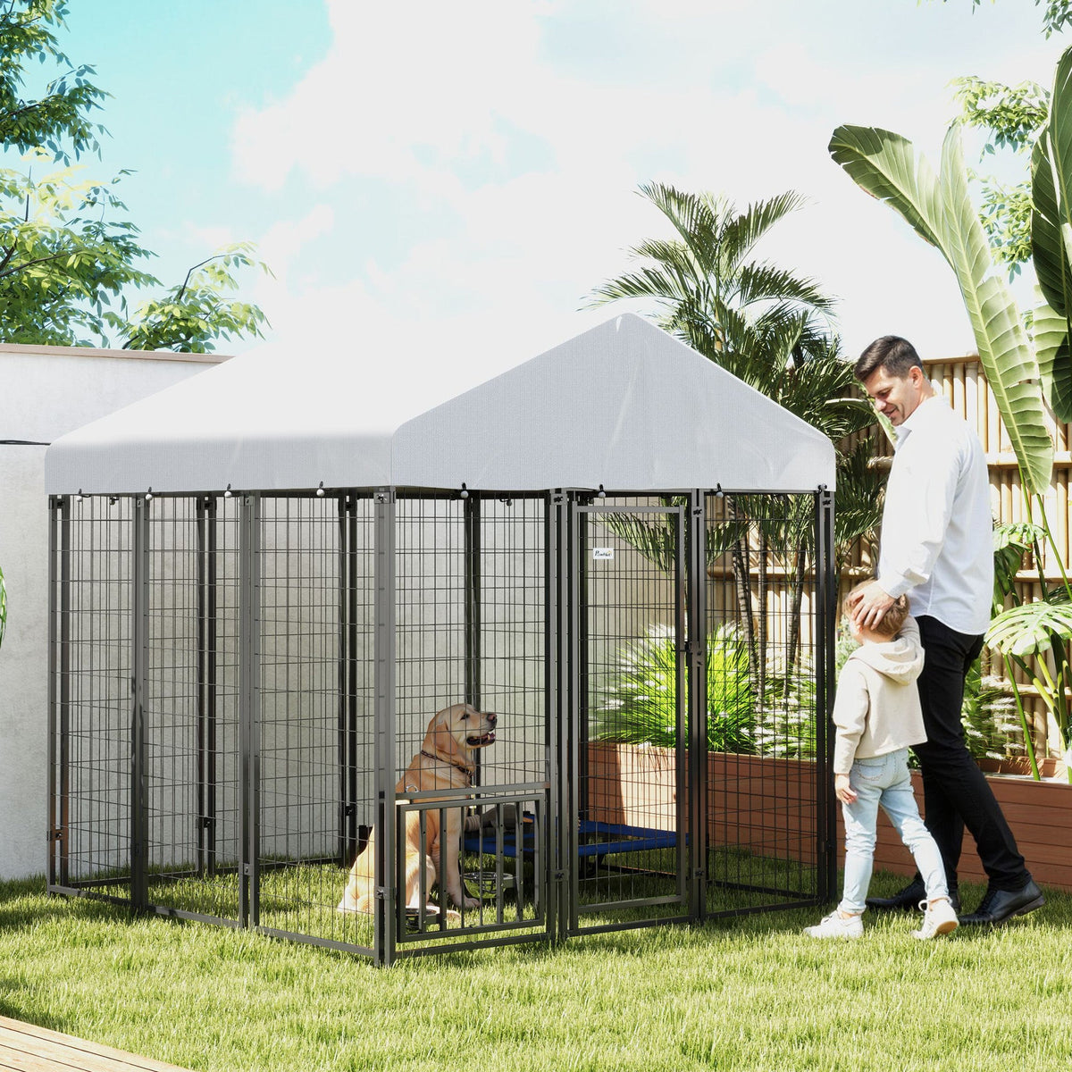 5.9 x 5.9 x 6 Outdoor Dog Kennel with Roof, Rotating & 4-Level Adjustable Bowls