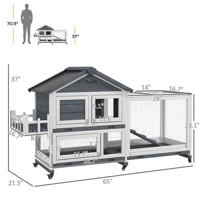65" Wooden Rabbit Hutch, Pet Playpen with Openable Roof & Storage Box for Rabbits and Small Animals, Gray