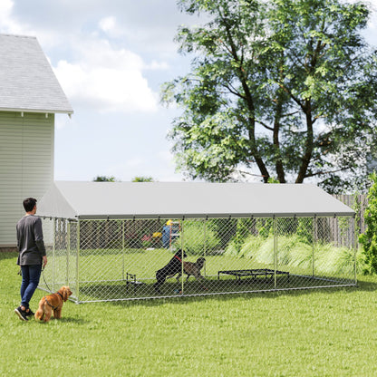Heavy Duty Outdoor Dog Kennel with Waterproof Roof, 2 Secure Latches, Chain Link Dog Run for Backyard, 20 x 10 x 7