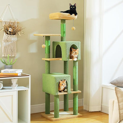 MUTTROS 62" Cat Tree for Indoor Cats, Multi-Level Cat Tower for Large Cats with Scratching Posts, 2 Spacious Plush Condos, Padded Perch, Soft Cat Bed, Scratching Pad & 2 Pompoms, Green