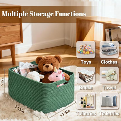 3 Pack Large Storage Basket for Organizing, 17.5"x13"x7" Woven Basket for Shelves, Closet Cube Storage Bins with Wrapped Handle, Cotton Rope Baskets for Kitchen, Clothes, Toys(Green)