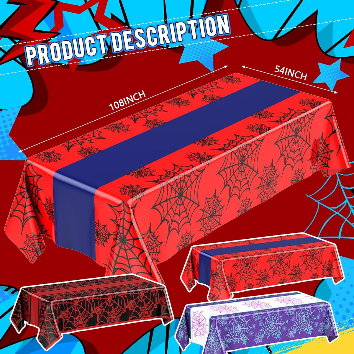 Oudain 3 Pack Spider Theme Birthday Decorations Halloween Purple Black Red Pink Green Web Ghost Bat Tablecloth Cartoon Table Cover Party Favor for Birthday (Purple,Black,Red,Spider)