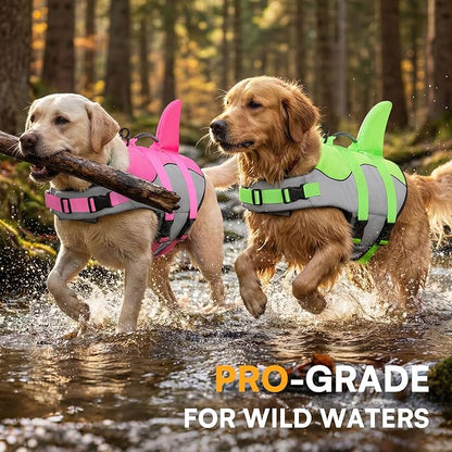 Dog Life Jacket Ripstop Shark Dog Safety Vest Adjustable Preserver with High Buoyancy and Durable Rescue Handle for Small,Medium,Large Dogs, Pink Shark X-Large