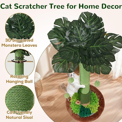 Cat Scratching Post, 40" Tall Palm Tree Scratch Post for Cats, Sisal Scratching Posts for Indoor Cats Adults with Hanging Cat Toys, Self-Grooming Brush, Snuffle Mat and Interactive Wooden Ball Track