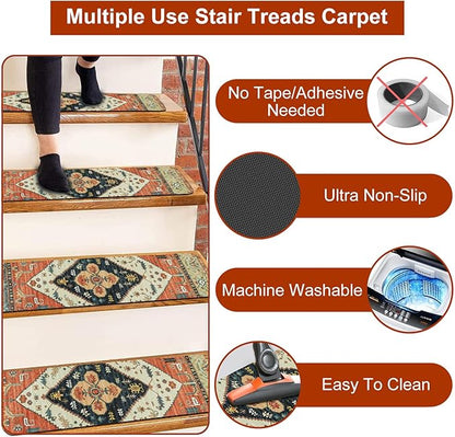 OJIA Non-Slip Stair Treads for Wooden Steps 7PCS, 30"X8" Rubber Carpet Stair Treads Indoor Stair Runner Slip Resistant Stair Rugs Safety Mats for Dogs, Kids & Elders, Stairway Grip Step Treads