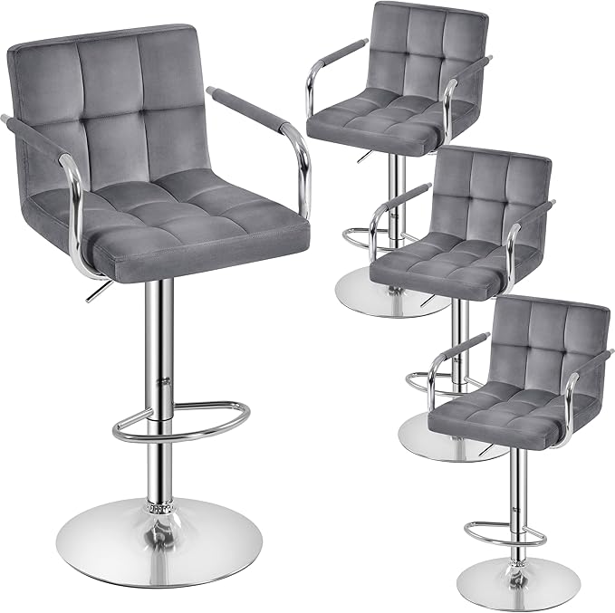 Yaheetech Velvet Bar Stools Set of 4, Adjustable Barstools with Armrest, Counter Height Stool Chairs with Thickened Seat Cushion for Kitchen Island, Dark Grey