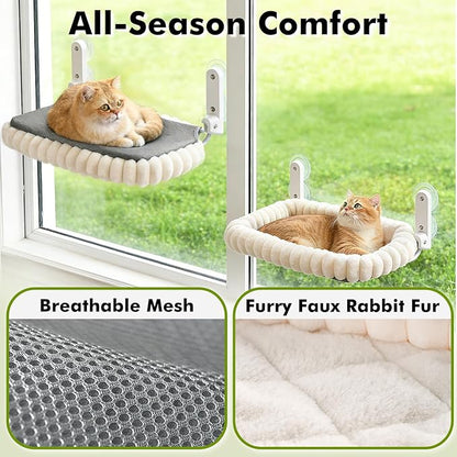 Cat Window Perch with Bolster, Cordless Foldable Cat Window Hammock with Strong Suction Cups & Metal Frame, Machine Washable Pet Bed for Indoor Cats (White, Medium)