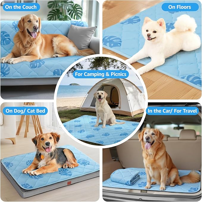 LOOBANI Dog Cooling Mat for Small Dogs Cats - 40"x28" Pet Cooling Mat with Anti-Slip Bottom, Waterproof Self-Cooling Dog Pad for Crate, Floor & Car, Grey Monstera (Blue, 40"x28")