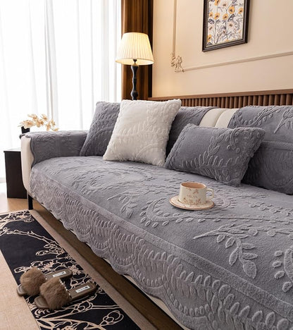 Grey Fuzzy Rabbit Plush Sofa Cover Cozy Warm Sofa Couch Covers with 3D Jacquard Leaf Pattern Non-Slip Easy-to-Install Shaggy Sofa Slipcover Prefect for Kids Dogs Cats Cats(Grey,36"x63")