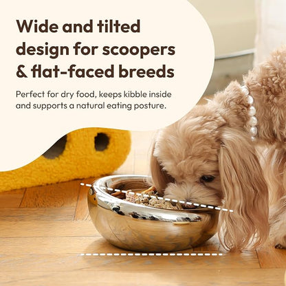 Pebble Pet Bowl Deep Chrome, Ergonomic Dog Cat Feeding Bowl, Flat-Faced Breed, Tilted Ceramic Pet Food Dish, Scooper Eater, Anti-Spill Design, Dishwasher Safe, Modern Pet Bowl, Dry & Wet Diet