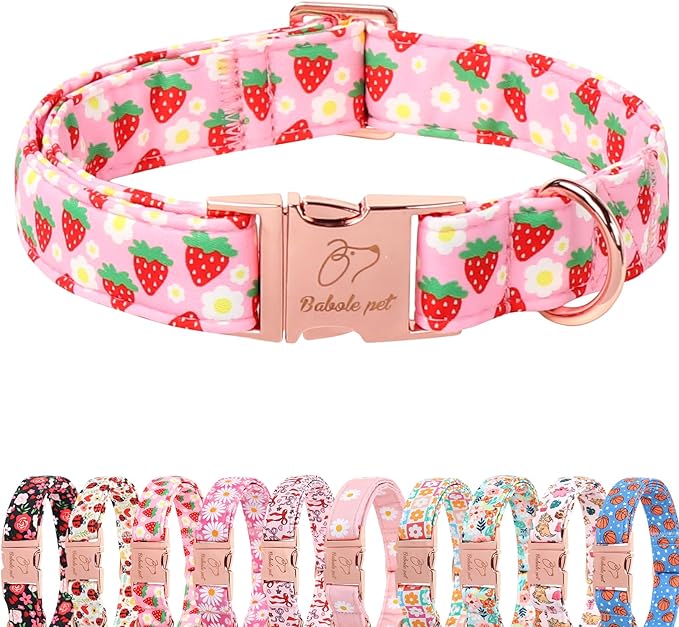 Strawberry Dog Collar for Puppy Small Dogs - Adjustable Spring Summer Pink Girl Dog Collars, Cute Girly Female Pet Collar with Metal Buckle XS