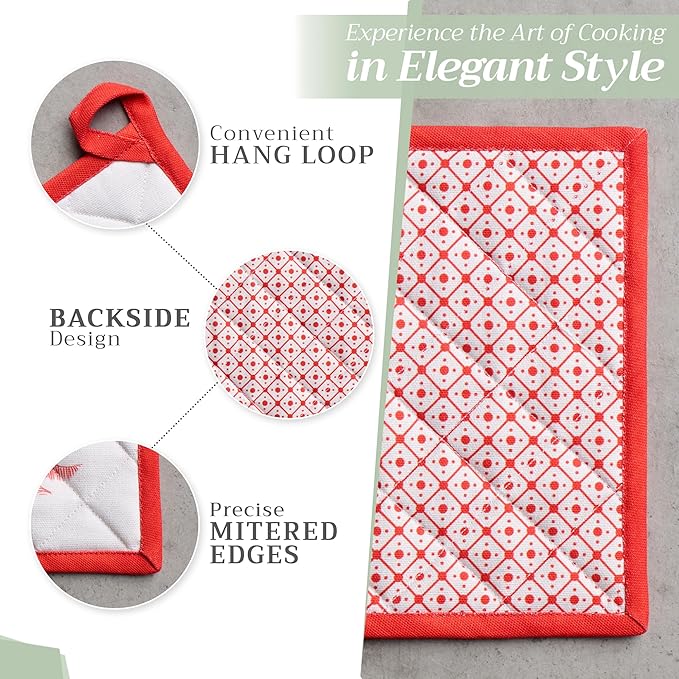 Maison d' Hermine 100% Cotton Oven Mitt & Pot Holder Set (7.5"x13" & 8"x8") Heat Resistant BBQ Cooking Gloves with Loop for Thanksgiving Christmas Decorations Handling Hot Pans (Winter Jouy)