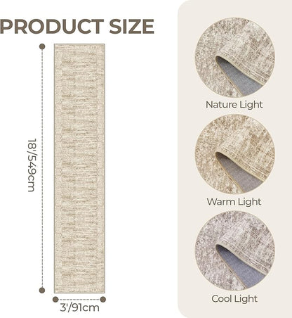 3x18 Washable Runner Rug for Hallway, Non-Slip Long Hallway Runner for Entryway, Soft Vintage Kitchen Mats for Floor, Abstract Dining Room, Bedroom, Living Room Rugs(3'x18', Brown/Ivory)
