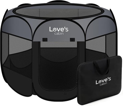 Love's cabin Pet Puppy Dog Playpen, Small Dog Tent Crates Cage Indoor/Outdoor, Portable Playpen for Cat, Foldable Pop Up Dog Kennel Playpen with Carring Case, Removable Zipper Top, Dark Grey
