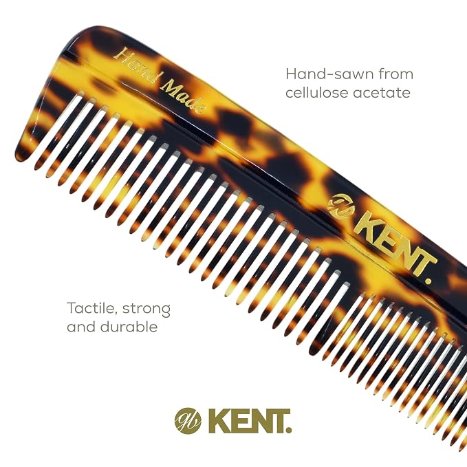 Kent R7T TY Fine and Wide Tooth Hair Comb, Handmade Pocket Comb for Men, Beard and Mustache Combs for Everyday Grooming and Styling, Sawcut Kent Combs, Made in England