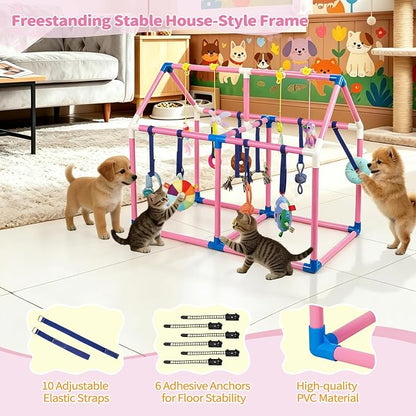 Liitrton Puppy Play Gym for Small Dogs & Kittens, Large PVC Pink Frame | Indoor Puppy Jungle Gym with 14 Hanging Enrichment Toys, Reduce Puppy & Cats Boredom