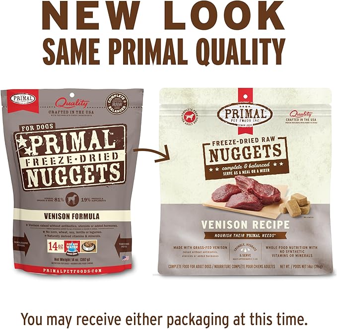 Primal Freeze Dried Raw Dog Food Nuggets, Venison, Complete & Balanced Meal, Also Use as Topper or Treat, Premium, Healthy, Grain Free, High Protein Raw Dog Food, 5.5 oz