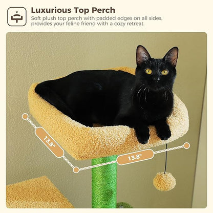 MUTTROS 62" Cat Tree for Indoor Cats, Multi-Level Cat Tower for Large Cats with Scratching Posts, 2 Spacious Plush Condos, Padded Perch, Soft Cat Bed, Scratching Pad & 2 Pompoms, Green