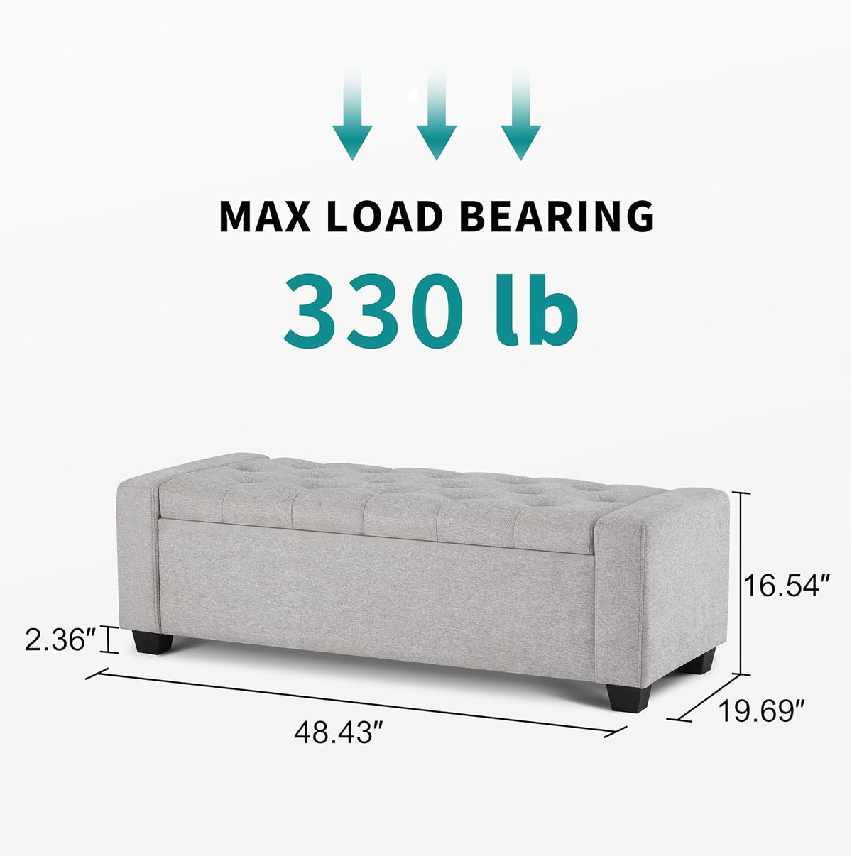48" Ottoman with Storage, Storage Ottoman Bench with Safety Hinge, Upholstered Entryway Bench with Seating for Bedroom, Living Room, Holds up to 330 lb(Light Gray)