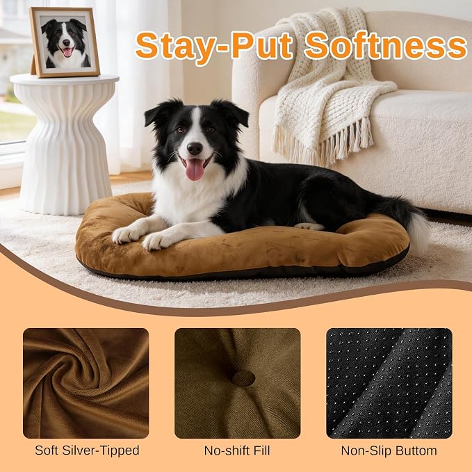 Washable Oval Dog Bed for Large Dogs, Silver-Tipped High-Resilience, Brown | Non-Slip Bottom Prevents Sliding, Soft Plush Short Fur, Machine Washable, Ideal for Crates/Apartments/Cozy Nooks,35"x22"x3.2"