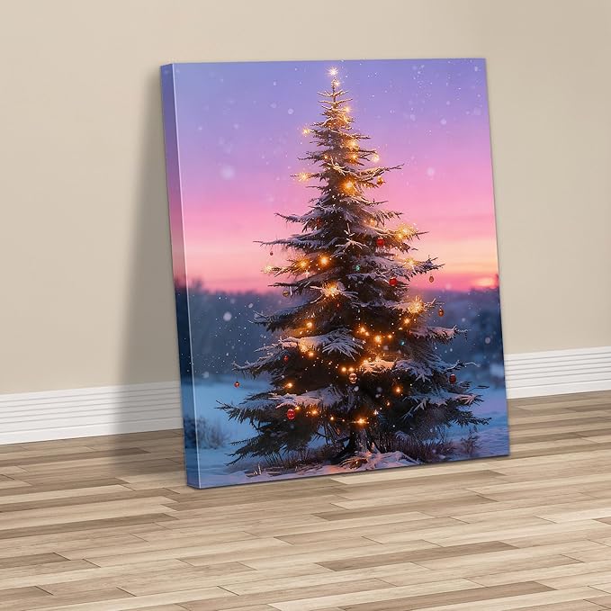 Framed Christmas Pictures Wall Decor,Vintage Pine Tree Prints,Winter Christmas Canvas Wall Art Decoration for Bedroom Bathroom Living Room Rustic Xmas Holiday Gifts (Christmas Tree 12, 12'' X 16'')