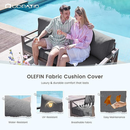 UDPATIO 5 Piece Aluminum Patio Furniture Set Faux Wood Grain Modern Outdoor Furniture Set with 6" Olefin Fabric Cushions and Coffee Table, 600D Waterproof Cover Included, Dark Grey