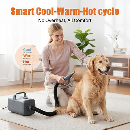 NEWBULIG Dog Hair Dryer with Heater for Grooming, Temperature Adjustable | 1550W High Velocity Speed Pet Blow Dryer with 4 Nozzles, Grey