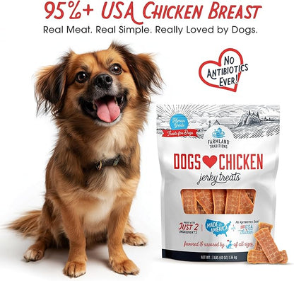 Farmland Traditions Dogs Love Chicken Jerky Dog Treats, Premium Two-Ingredient Dog Jerky with USA-Raised, Human-Grade Chicken & No Antibiotics Ever, 1-Pound Bag