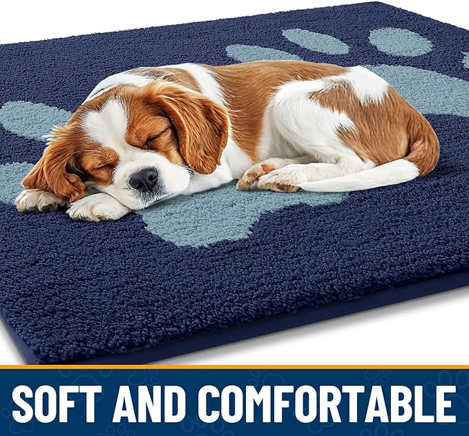 Smiry Dog Door Mat for Muddy Paws, Absorbs Moisture and Dirt, Low-Profile Entryway Mat with Non-Slip Backing, Entry Indoor Outdoor Doormat for Inside Floor (59x24 Inches, Dark Blue, Paw)